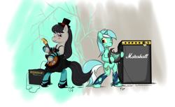 Size: 2860x1754 | Tagged: safe, artist:kiyoshiii, artist:osakaoji, character:lyra heartstrings, character:octavia melody, species:earth pony, species:pony, species:unicorn, bipedal, clothing, crossover, dress, duo, guitar, hat, k-on, lyre, musical instrument