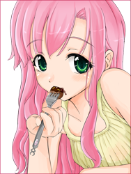 Size: 600x800 | Tagged: safe, artist:d-tomoyo, character:fluttershy, species:human, donut hole, eating, female, humanized, implying, simple background, solo, transparent background