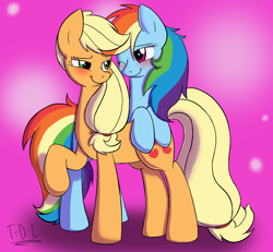 Size: 900x832 | Tagged: safe, artist:tails-doll-lover, character:applejack, character:rainbow dash, ship:appledash, bedroom eyes, blushing, eye contact, female, lesbian, messy mane, ponies riding ponies, shipping