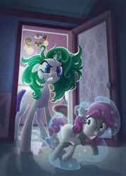Size: 4000x5600 | Tagged: dead source, safe, artist:vombavr, character:rarity, character:sweetie belle, species:pony, species:unicorn, angry, duo, fanfic art, female, green hair, green mane, hair dye, imminent spanking, magic, magic aura, nostril flare, rarity's bad mane day, siblings, sink, sisters, this will end in tears