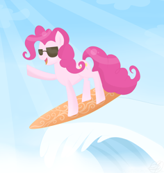 Size: 4662x4931 | Tagged: safe, artist:balloons504, character:pinkie pie, absurd resolution, female, smiling, solo, summer, sunglasses, surfboard, surfing, wave, waving