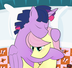 Size: 4000x3770 | Tagged: safe, artist:blackwater627, character:fluttershy, character:twilight sparkle, character:twilight sparkle (alicorn), oc:dusk shine, species:alicorn, species:pony, ship:twishy, bed, butterscotch, buttershine, cuddling, gay, male, prince dusk, rule 63, shipping, snuggling