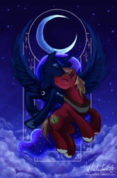 Size: 726x1100 | Tagged: safe, artist:whitestar1802, character:big mcintosh, character:princess luna, species:earth pony, species:pony, ship:lunamac, cloud, cloudy, crescent moon, cute, eyes closed, flying, male, moon, night, nuzzling, shipping, sky, smiling, spread wings, stallion, straight, wings