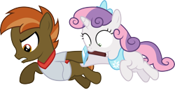 Size: 8102x4175 | Tagged: safe, artist:stillfire, character:button mash, character:sweetie belle, absurd resolution, clothing, don't mine at night, jumping, pickaxe, scarf, shipping, shirt, simple background, transparent background, vector