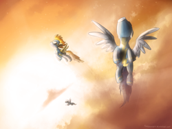 Size: 1024x768 | Tagged: safe, artist:fongsaunder, character:soarin', character:spitfire, clothing, cloud, cloudy, flying, goggles, scenery, sky, uniform, wonderbolts, wonderbolts uniform