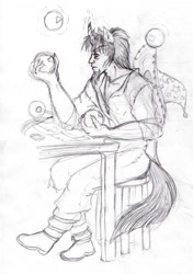 Size: 751x1065 | Tagged: safe, artist:zabchan, character:discord, character:star swirl the bearded, species:human, discord is star swirl, eared humanization, elements of harmony, horned humanization, humanized, male, medieval, monochrome, pencil drawing, sketch, solo, stool, tailed humanization, traditional art, wizard, younger