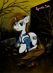 Size: 880x1200 | Tagged: safe, artist:hereticofdune, oc, oc only, oc:littlepip, species:pony, species:unicorn, fallout equestria, clothing, cloud, cloudy, cutie mark, dead tree, fanfic, fanfic art, female, hooves, horn, lying down, mare, pipbuck, prone, solo, tree, vault suit, wasteland