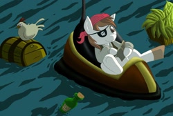 Size: 2000x1343 | Tagged: safe, artist:anadukune, character:pipsqueak, species:earth pony, species:pony, g4, banana, barrel, book, colt, crossover, eyepatch, food, male, monkey island, pirate, solo, video game, water