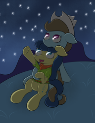 Size: 1536x2000 | Tagged: safe, artist:alexmichanikos, character:beauty brass, character:fiddlesticks, apple family member, clothing, cowboy hat, female, fiddlebrass, hat, heart, holding hooves, lesbian, night, shipping, shooting star, stargazing, stars, tail wrap