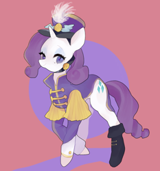 Size: 800x860 | Tagged: safe, artist:pongtang, character:rarity, species:pony, species:unicorn, ancient wonderbolts uniform, boots, clothing, female, hat, mare, pink background, pixiv, sgt. rarity, shako, shoes, simple background, solo, uniform