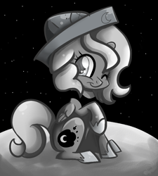 Size: 790x876 | Tagged: safe, artist:turrkoise, character:princess luna, species:alicorn, species:pony, moonstuck, :t, cartographer's cap, clothing, cute, female, floppy ears, grayscale, hat, looking at you, lunabetes, monochrome, moon, paper hat, raised hoof, sitting, smiling, solo, space, wink, woona, younger