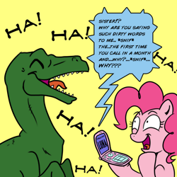 Size: 1000x1000 | Tagged: safe, artist:madmax, artist:pacce, character:pinkie pie, character:princess luna, species:earth pony, species:pony, cellphone, dialogue, dinosaur, female, laughing, lunabuse, mare, open mouth, phone, prank call, simple background, speech bubble, velociraptor, yellow background