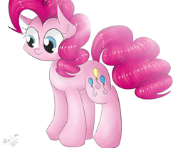 Size: 1024x851 | Tagged: safe, artist:mite-lime, character:pinkie pie, species:earth pony, species:pony, female, mare, signature, simple background, smiling, solo, standing, white background