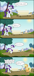 Size: 1920x4320 | Tagged: safe, artist:adamlhumphreys, character:applejack, character:rarity, bench, comic, itch