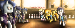 Size: 2048x768 | Tagged: safe, artist:fongsaunder, character:descent, character:nightshade, character:soarin', character:spitfire, character:surprise, bowling, bowling ball, bowling pin, clothing, costume, goggles, grin, shadowbolts, shadowbolts costume, smiling, wide eyes, wonderbolts