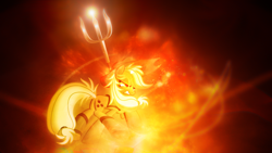 Size: 1920x1080 | Tagged: safe, artist:lugiponi, artist:ratchethun, character:applejack, species:earth pony, species:pony, female, fire, lens flare, solo, trident, vector, wallpaper, warrior