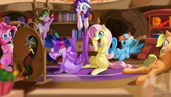 Size: 2206x1249 | Tagged: safe, artist:shnider, character:applejack, character:discord, character:fluttershy, character:pinkie pie, character:rainbow dash, character:rarity, character:spike, character:twilight sparkle, cute little fangs, fangs, funny, laughing, original species, prank, shark, shark pony, sharkified, species swap, transformation, trollcord, twilight sharkle, varying degrees of amusement, wat