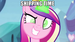 Size: 1280x720 | Tagged: safe, artist:anarchemitis, edit, edited screencap, screencap, character:princess cadance, episode:a canterlot wedding, g4, my little pony: friendship is magic, corrupted, decadence, female, green eyes, image macro, magic, meme, princess of love, princess of shipping, run, run for your lives, shipper on deck, shipping, solo, with great power comes great shipping