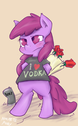 Size: 800x1280 | Tagged: safe, artist:macheteponies, character:berry punch, character:berryshine, species:pony, alcohol, atryl-ish, beer, bipedal, blushing, bouquet, clothing, female, flower, rose, shirt, solo, style emulation, vodka