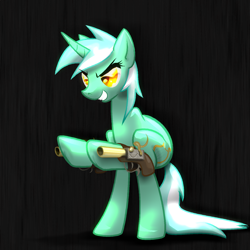 Size: 1600x1600 | Tagged: safe, artist:oddwarg, character:lyra heartstrings, species:pony, species:unicorn, female, flintlock, grin, gun, mare, smiling, solo, wat, weapon