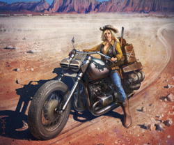 Size: 3000x2497 | Tagged: safe, artist:vombavr, character:applejack, character:rarity, species:human, desert, female, gun, humanized, lever action rifle, looking at you, motorcycle, realistic, rifle, scenery, solo