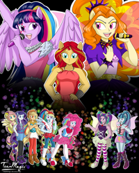 Size: 1024x1280 | Tagged: safe, artist:teammagix, character:adagio dazzle, character:applejack, character:aria blaze, character:fluttershy, character:pinkie pie, character:rainbow dash, character:rarity, character:sonata dusk, character:sunset shimmer, character:twilight sparkle, character:twilight sparkle (alicorn), species:alicorn, equestria girls:rainbow rocks, g4, my little pony: equestria girls, my little pony:equestria girls, female, fin wings, gem, mane six, microphone, ponied up, siren gem, the dazzlings