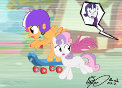 Size: 1595x1157 | Tagged: safe, artist:kinrah, character:rarity, character:scootaloo, character:sweetie belle, species:pegasus, species:pony, species:unicorn, angry, eyes closed, female, filly, looking back, mare, offscreen character, running, scooter, signature, speed lines