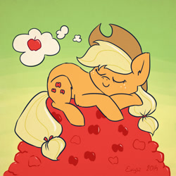 Size: 1000x1000 | Tagged: safe, artist:erysz, character:applejack, 30 minute art challenge, apple, cute, ear fluff, female, jackabetes, leg fluff, pile, prone, sleeping, solo, that pony sure does love apples