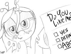 Size: 500x382 | Tagged: safe, artist:syggie, character:queen chrysalis, species:changeling, ask the changeling princess, bronybait, changeling queen, crown, cute, cutealis, fangs, female, freckles, gravity falls, holding, jewelry, lidded eyes, looking at you, message, monochrome, nymph, paper, question, regalia, signature, simple background, sketch, smiling, solo, text, tourist trapped, white background