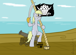 Size: 3508x2552 | Tagged: safe, artist:avastindy, character:derpy hooves, species:pegasus, species:pony, cannon, female, flag, mare, muffin, pirate, pirate derpy, pirate ship, rope, solo, sword