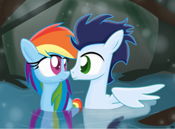 Size: 1956x1448 | Tagged: safe, artist:littlecloudie, character:rainbow dash, character:soarin', ship:soarindash, boop, confused, duck pony, eye contact, female, lake, male, noseboop, nuzzling, shipping, smiling, straight, water