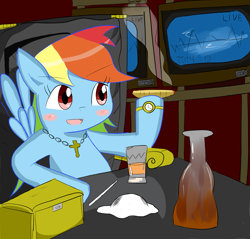 Size: 1405x1345 | Tagged: safe, artist:timorikawa, character:rainbow dash, alcohol, cigar, cocaine, cross, drugs, female, flour, parody, pixiv, rainbow dash always dresses in style, scarface, smoking, solo, watch
