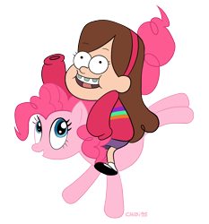 Size: 1188x1274 | Tagged: safe, artist:chibi95, character:pinkie pie, crossover, gravity falls, humans riding ponies, mabel pines, simple background, transparent background