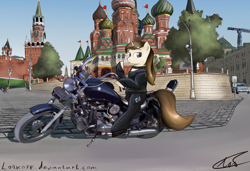 Size: 4376x3000 | Tagged: safe, artist:apocheck13, oc, oc only, species:pony, clothing, collar, female, jacket, mare, moscow, motorcycle, red square, russia, signature