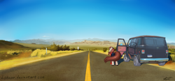 Size: 6491x3000 | Tagged: safe, artist:apocheck13, oc, oc only, clothing, glasses, highway, mountain, van