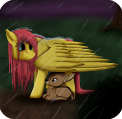 Size: 3211x3128 | Tagged: safe, artist:shadeila, character:fluttershy, fawn, female, protecting, rain, solo, wing umbrella