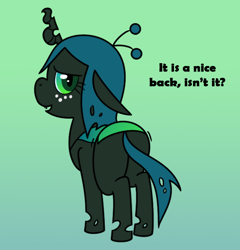 Size: 608x633 | Tagged: safe, artist:syggie, character:queen chrysalis, species:changeling, ask the changeling princess, bugbutt, butt, changeling queen, cute, cutealis, dialogue, female, freckles, looking at you, nymph, plot, princess chrysalis, smiling, standing, tumblr, younger