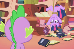 Size: 1024x682 | Tagged: safe, artist:kinrah, character:spike, character:twilight sparkle, book, golden oaks library, letter, magic, quill, tied up