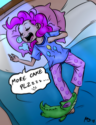 Size: 1041x1347 | Tagged: safe, artist:megasweet, artist:trelwin, character:gummy, character:pinkie pie, bed, clothing, drool, humanized, pajamas, sleeping, snot bubble, younger, zzz