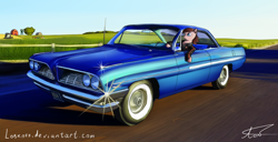 Size: 3000x1539 | Tagged: safe, artist:apocheck13, car, clothing, crossover, highway, jacket, ponified, pontiac, pontiac catalina, solo