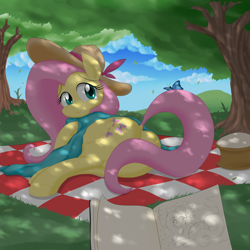 Size: 1700x1700 | Tagged: safe, artist:janji009, character:fluttershy, blanket, blue eyes, book, butterfly, clothing, covering, dock, eyelashes, female, grass, hat, looking at you, picnic, picnic blanket, pink mane, plot, scarf, sketchbook, sky, solo, tail covering, tree