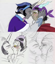 Size: 2530x2948 | Tagged: safe, artist:zabchan, character:discord, character:good king sombra, character:king sombra, species:human, ship:sombracord, alternate universe, blushing, captain goodguy, comic, crying, gay, humanized, kissing, male, mask, mirror universe, shipping, shock, sir discord, sketch, sketch dump, surprise kiss
