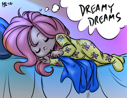 Size: 1347x1041 | Tagged: safe, artist:megasweet, artist:trelwin, character:fluttershy, bed, clothing, footed sleeper, humanized, pajamas, sleeping