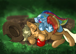 Size: 1400x1000 | Tagged: safe, artist:shnider, character:applejack, character:rainbow dash, species:earth pony, species:pegasus, species:pony, apple, crying, dead, eyes closed, female, floppy ears, get, index get, mare, on side, underhoof