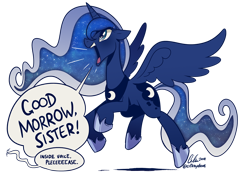 Size: 1256x900 | Tagged: safe, artist:crikeydave, character:princess luna, species:alicorn, species:pony, canterlock, cute, dialogue, female, implied princess celestia, lunabetes, mare, offscreen character, open mouth, simple background, solo, traditional royal canterlot voice, transparent background, ye olde english