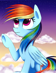 Size: 1024x1328 | Tagged: safe, artist:mite-lime, character:rainbow dash, backwards cutie mark, cloud, cloudy, female, raised hoof, sitting, solo