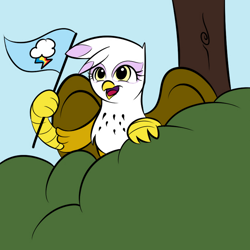 Size: 800x800 | Tagged: safe, artist:kloudmutt, artist:pacce, character:gilda, species:griffon, bush, cheering, colored, female, flag, gildadorable, solo