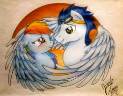 Size: 576x450 | Tagged: safe, artist:janadashie, character:rainbow dash, character:soarin', ship:soarindash, blushing, crush, cute, eye contact, female, goggles, male, nervous, shipping, smiling, spread wings, straight, wings