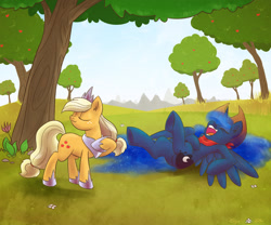 Size: 1200x1000 | Tagged: safe, artist:erysz, character:applejack, character:princess luna, species:alicorn, species:earth pony, species:pony, ship:lunajack, :3, accessory swap, apple tree, bandana, clothing, dressup, eyes closed, female, friendshipping, hat, hat swap, laughing, legs in air, lesbian, on back, open mouth, outdoors, pose, rofl, rolling, shipping, silly, silly pony, smiling, tree, underhoof, who's a silly pony