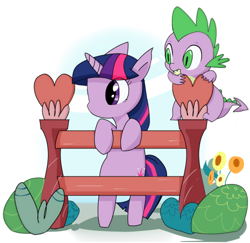 Size: 500x486 | Tagged: safe, artist:youhoujou, artist:ヨウホウジョウ, character:spike, character:twilight sparkle, bipedal leaning, pixiv